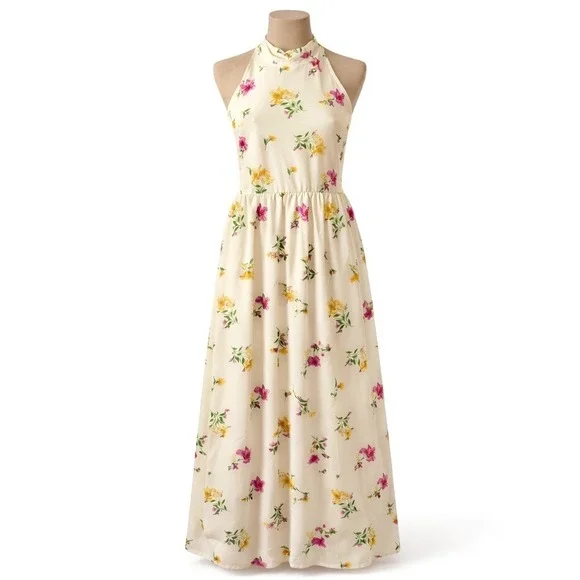 Floral Tiered Halter Maxi Dress Size XXL Pink Cream Pockets Boho Romantic Lined - Picture 1 of 11